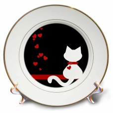 3dRose Pet Lovers Red Hearts White Kitty Cat, Porcelain Plate, 8-inch   